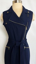 CALVIN KLEIN Size 10 Navy Blue Trench Coat Style Gold Zip Trim Belted Dress 10