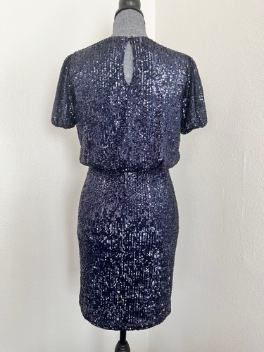 Women's V-Neck Short Sleeve Knee Length Navy Blue Sequin, Cocktail Dress, Small - Picture 7 of 21
