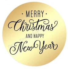 MERRY CHRISTMAS HAPPY NEW  YEAR GOLD FOIL ENVELOPE SEALS LABELS STICKERS FAVORS