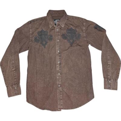 Men's Affliction Long Sleeve Button Down Up Premium Dress Shirt Size Y2K M-L