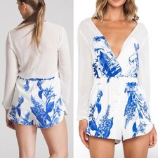STYLESTALKER Women's M White Long Sleeve Blue Floral Love On Top Romper Jumpsuit
