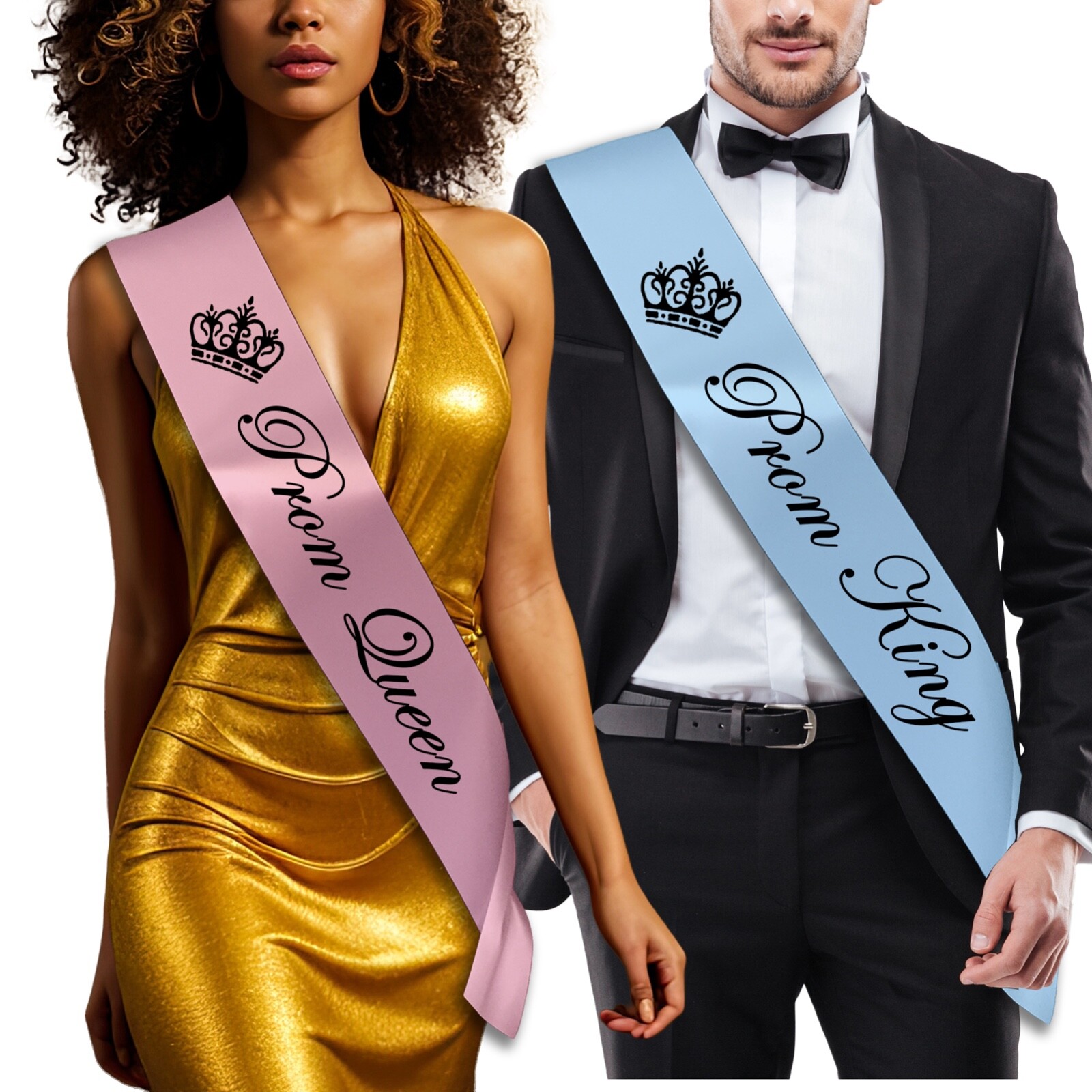 Baby Pink Prom Queen Sash & Baby Blue Prom King Sash Set Leavers Do Party Crown