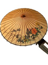 35" Parasol Asian Motif Bamboo Umbrella Hand Painted Singing Birds Flowers