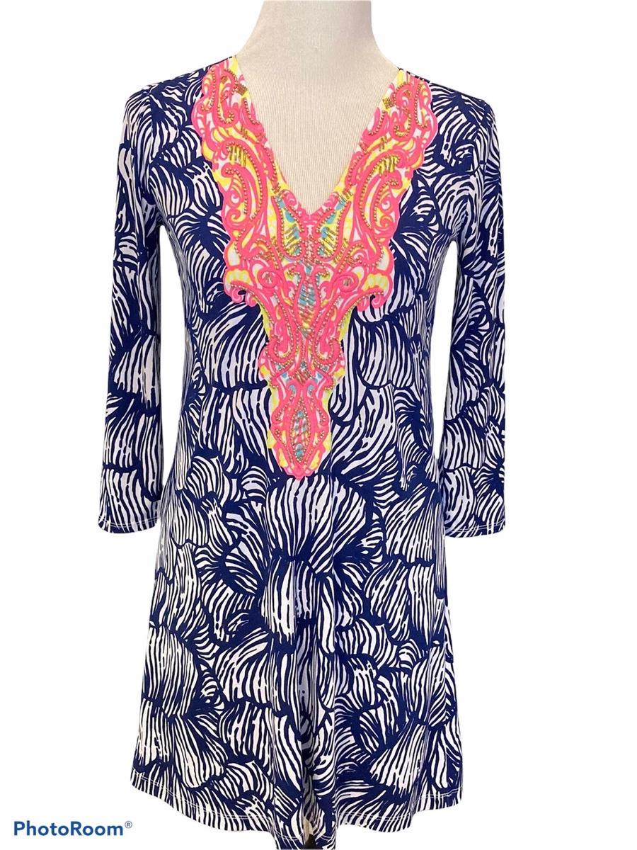 LILLY PULITZER Bordeaux Tunic Dress •XS• Blue Beaded House Of Nemo  Engineered | eBay