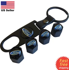 FORD Wheel Tire Cap Air Valve Stem Cover With Belt Keychain (Black)