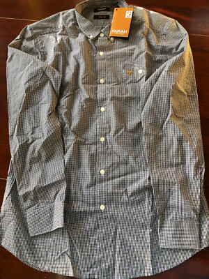 NWT FARAH Black Plaid Button Down LS Collared Shirt L-Large Slim Fit Cotton