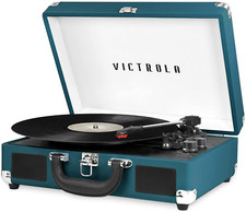 Retro 3-Speed Bluetooth Suitcase Record Player with Built-In Speakers - Blue Cor