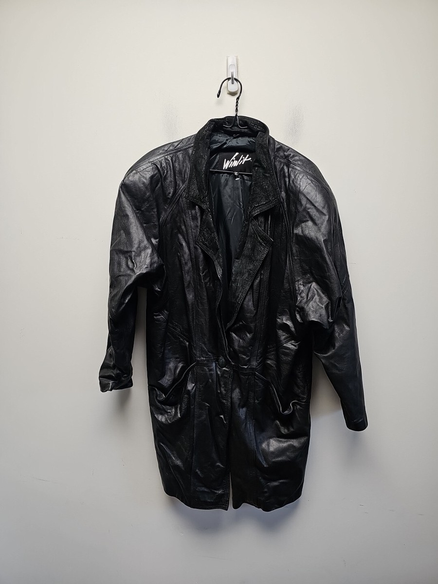 Vintage 80s Winlit Leather Jacket Long Shoulder Pads Black Womens