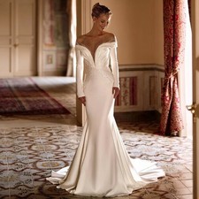 Deep V Neck Mermaid Wedding Dress Elegant Long Sleeves Satin Lace Bride Gowns