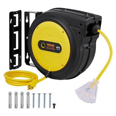 Retractable Extension Cord Reel, 65 FT, Heavy Duty 12AWG/3C SJTOW Retractable Po