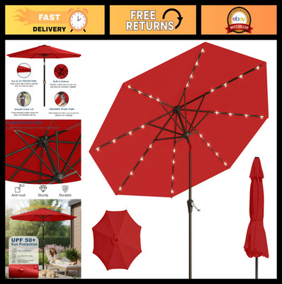 9' Solar LED Patio Umbrella - Tilt & Crank, UV Protection, Outdoor Market Umbrel