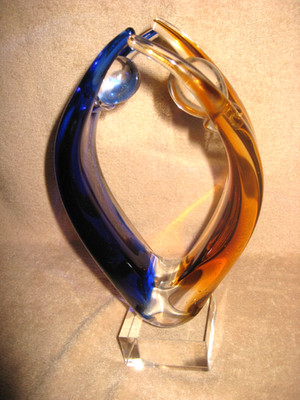 Handcrafted GEA Art Glass Cobalt Blue & Amber Dancing Figures Sculpture 12 in.