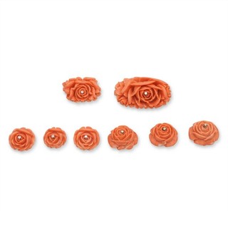 Lotto di 8 coralli salmone intagliati vintage con diamante e pietre preziose assortite
