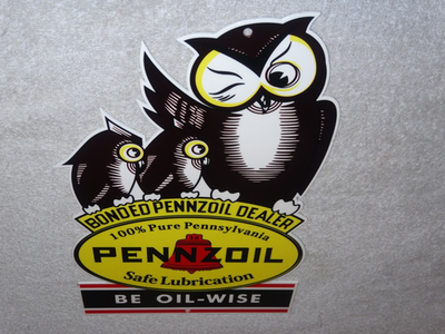 #ad VINTAGE quot;PENNZOIL BE OIL WISEquot; WITH 3 OWL GRAPHICS 12quot; METAL GASOLINE amp; OIL SIGN $109.99