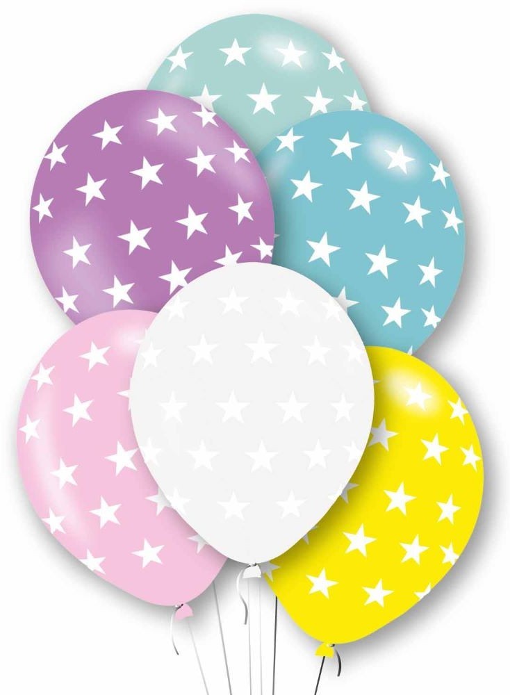 6 x Latex Balloons 27.5cm 11"" Star Design Multicoloured Party Amscan