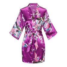Womens Short Kimono Robes Bride and Bridesmaid Satin Floral Bathrobe Peacock ...