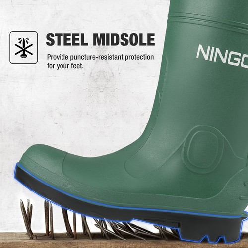 NINGO Men Steel Toe Work Boots Waterproof Slip & Oil-Resistant Garden Rain Boots - Picture 31 of 50