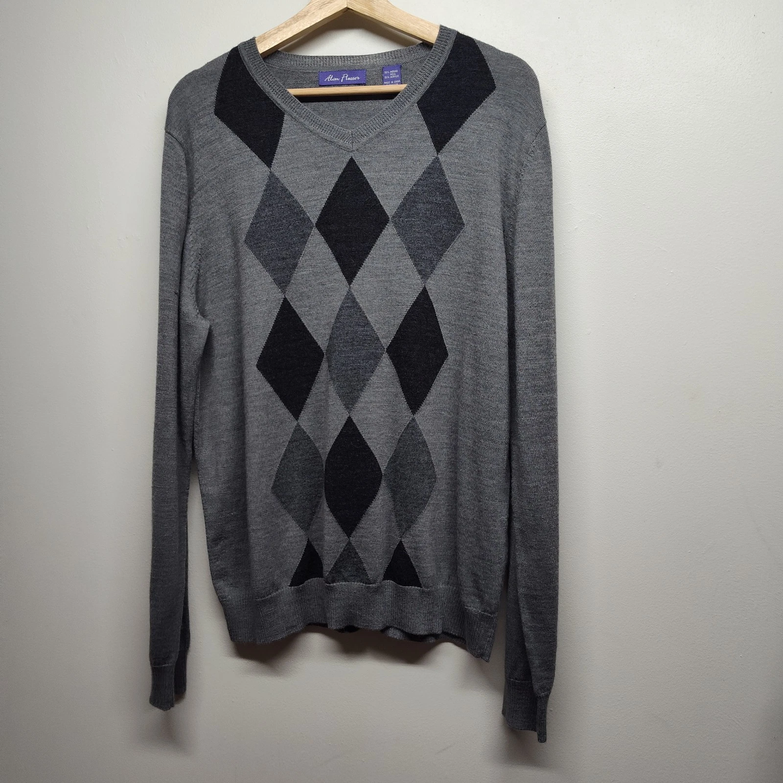 Alan Flusser Knit Sweater Men Size XL Gray Merino Wool Blend Preppy Workwear