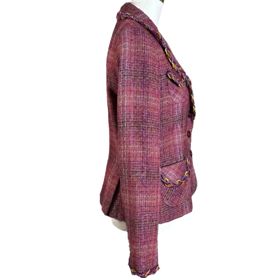 Vintage Y2K Anna Sui Mohair Tweed Blazer Jacket Lavender Purple Braided Trim 8 - Image 3 of 4