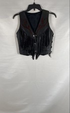 Vintage 90s Women's Black Leather Fringe Vest Rose Embroidery Western Biker