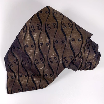 VTG Hubert Milano Mens Tie Brown w Black Swirl Design & Silver Accent Poly Blend - Image 1 of 4