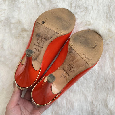 Chanel Pumps Heel Orange Patent Leather With Coco Mark Size 34.5