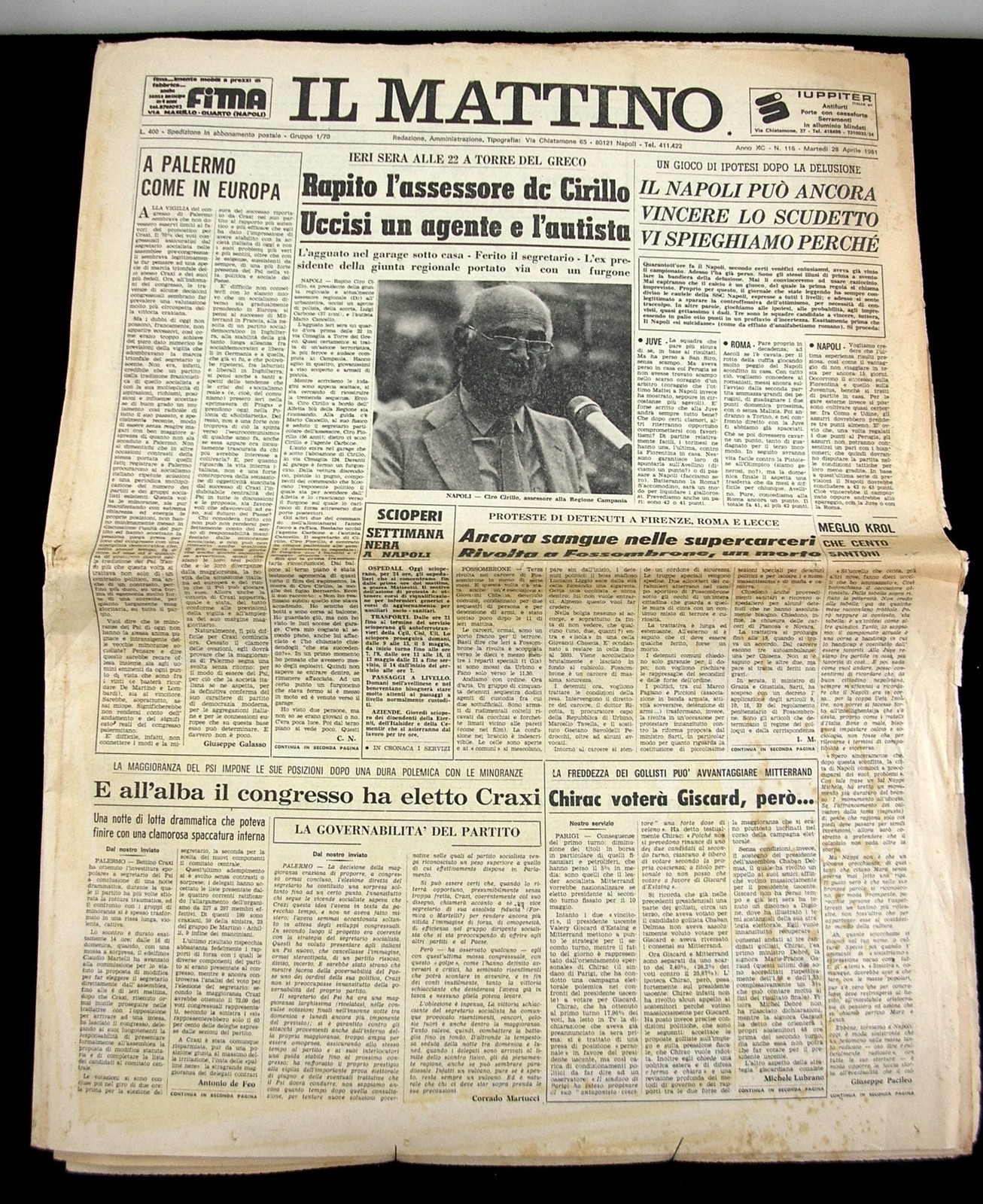 GIORNALE IL MATTINO RAPIMENTO ASSESSORE DC CIRILLO BRIGATE ROSSE 1981