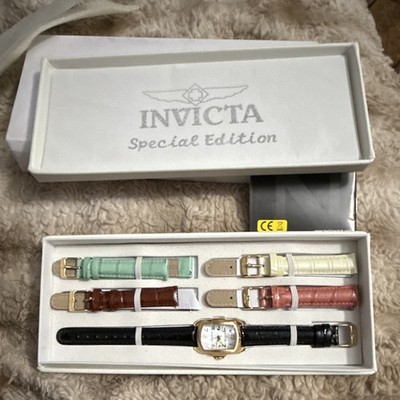 Invicta Special Edition Quartz Rectangle Gold-Tone Watch w/ 5 Leather Straps Box