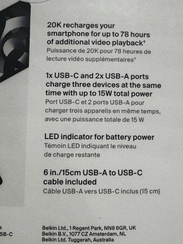 BANCO DE ALIMENTACIÓN Belkin Boost Charge Negro 20k - 20W PD, 2 USB, 1 Puertos USB-C Foto 3 de 4