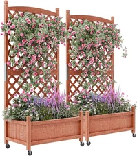 GarveeTech 29.5 x13 x61.5 Wooden Planter Box Trellis & Locking Wheels 2pc