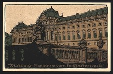 Stone print postcard W�rzburg, residence from the court garden 
