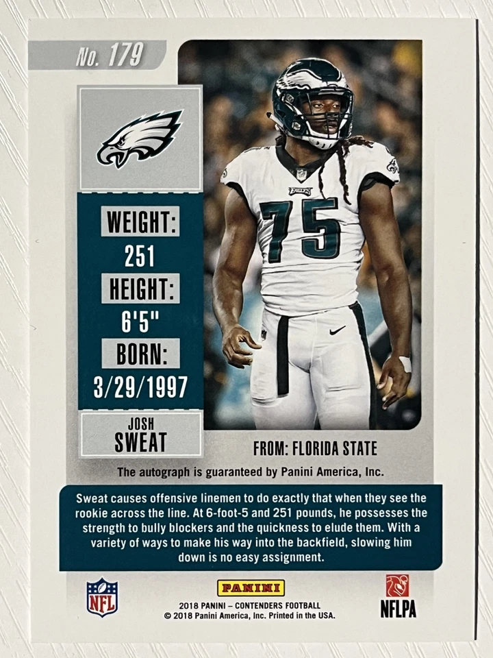 Josh Sweat 2018 Panini Contenders Rookie Auto Championship Ticket #179 03/49 - Image 2 of 2