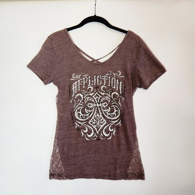 Affliction Shirt Womens Size M Purple Rhinestone Y2k T Shirt Bikercore Western