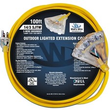 100' Lighted 14/3 Heavy Duty 3 Outlet SJTW Extension Cord 14 3 100ft Indoor/Out