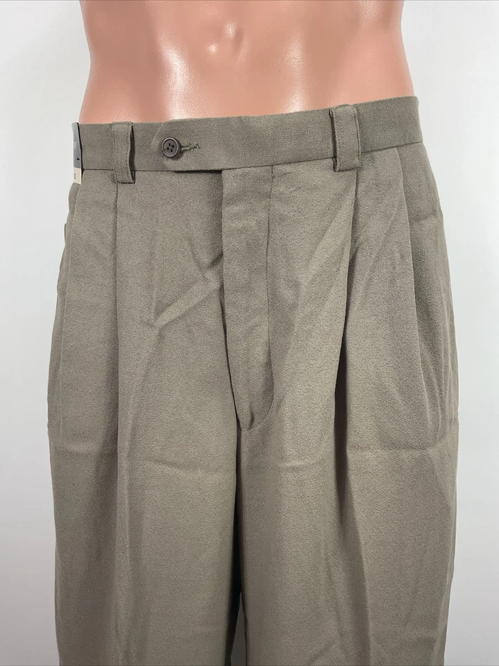 Pantalones de vestir plisados J RIGGINS de colección nuevos con etiquetas años 90 33x32 relajados tejidos poliéster topo Foto 3 de 4