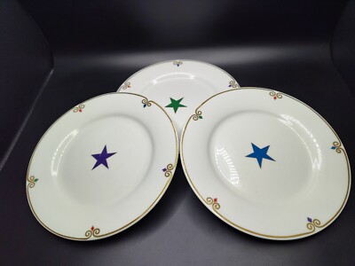 Pier 1 Imports Celebration Plates Set of 3 Stars Gold Trim Porcelain 7.5''