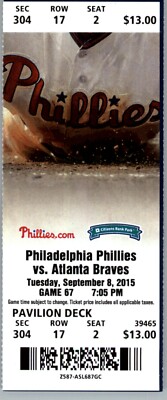 Atlanta Braves vs Philadelphia Phillies 9/8/2016 Ticket Charlie Morton .