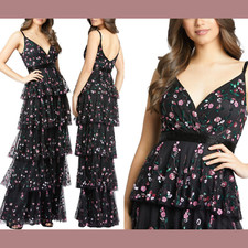 NWT 798 Mac Duggal 14 Floral V Neck Tiered Ruffle Evening Gown Black G1875