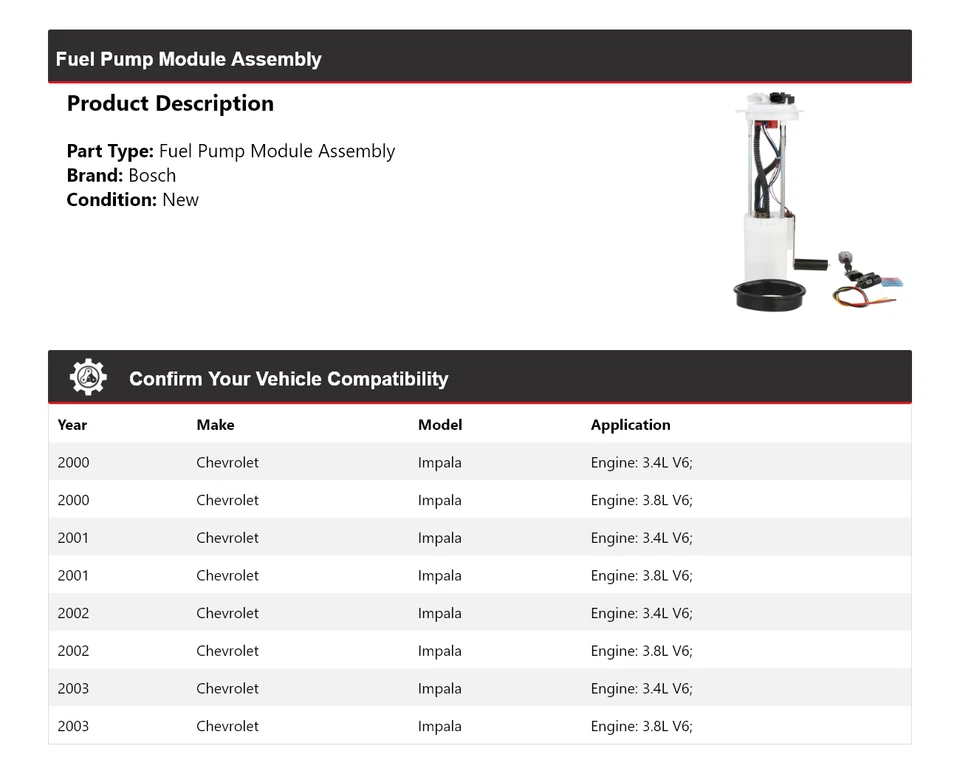 Conjunto de módulo de bomba de combustible para Chevrolet Impala Bosch 2000-2003 2001 2002 Foto 2 de 4