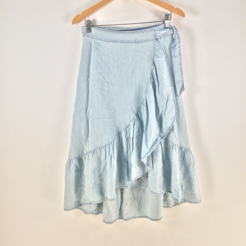 NAF NAF womens wrap skirt size S blue lyocell ruffle midi tie 109494