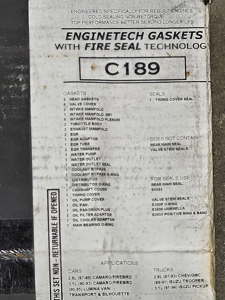 Enginetech Engine Gasket Set C189 For Chevy GMC Oldsmobile Isuzu V6 2.8L 3.1L  - Image 3 of 4