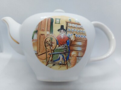 VTG Miniature Teapot Tea Party Arcadian Welsh Woman & Spinning Wheel 4.5'' Tall