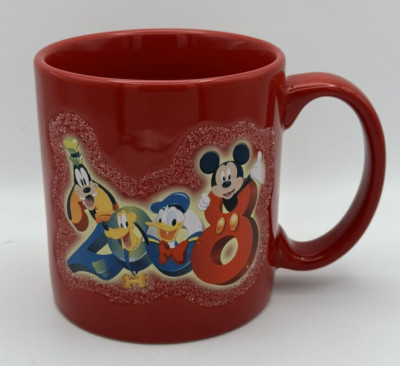Disney Parks 2008 Mickey Donald Pluto Goofy Red Coffee Mug 16 oz WDW