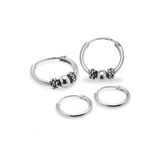 Sterling Silver 10mm 12mm Bali Polished Endless Hoop Earrings, Set of 2