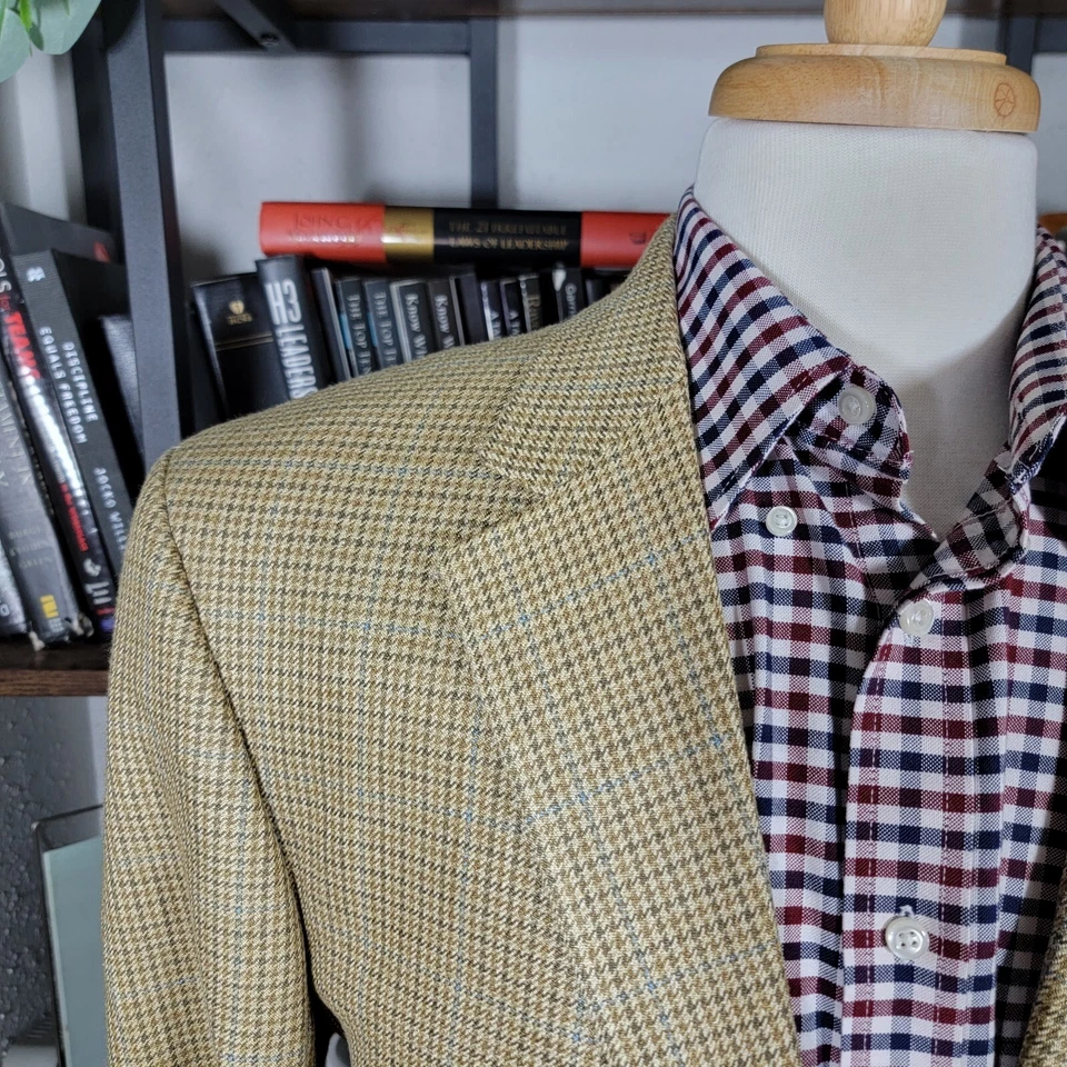 Abrigo Blazer Deportivo Andrew Fezza Para Hombre Dos Botones Beige Pata de Gallo Seda Talla 42R Foto 4 de 4