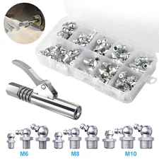 61PCS Grease Gun Coupler Kit w/ M6 M8 M10 Zerk Fittings 45° 90° 180° Nozzle Set