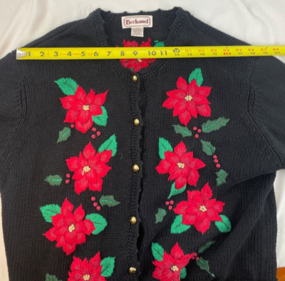 Bechamel Vintage Cardigan Women's XL Black Poinsettia Christmas Sweater J