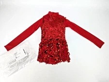 Weissman Showtime Girl's Red Fringe Sequin Dance Costume Long Sleeve Sz SC 6