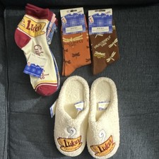 Women  s White Faux Fur Slip-On Slippers US S/M Embroidered Luke  s Gilmore Girls