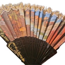 Vintage Folding Hand Fan Black/Gold Plastic Frame Lace Trim Scenic Print